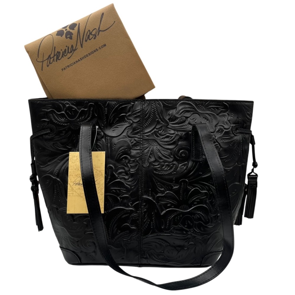 Patricia Nash Kemble Full-grain Leather Embossed Floral Tooling Tote Bag Black
